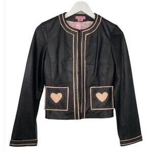 Rachelle Leather Jacket Y2K 90s Black & Pink Heart Waist Barbie Moto Small EUC